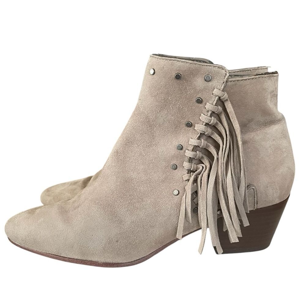 SAM EDELMAN Rudie Gray Suede Fringe Boho Western Studded Ankle Boot Women Sz 6.5